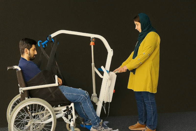 استفاده از بالابر بیمار توسط مراقب برای جابه‌جایی فرد ویلچرنشین با اسلینگ ایمن – مناسب منزل یا مراکز درمانی