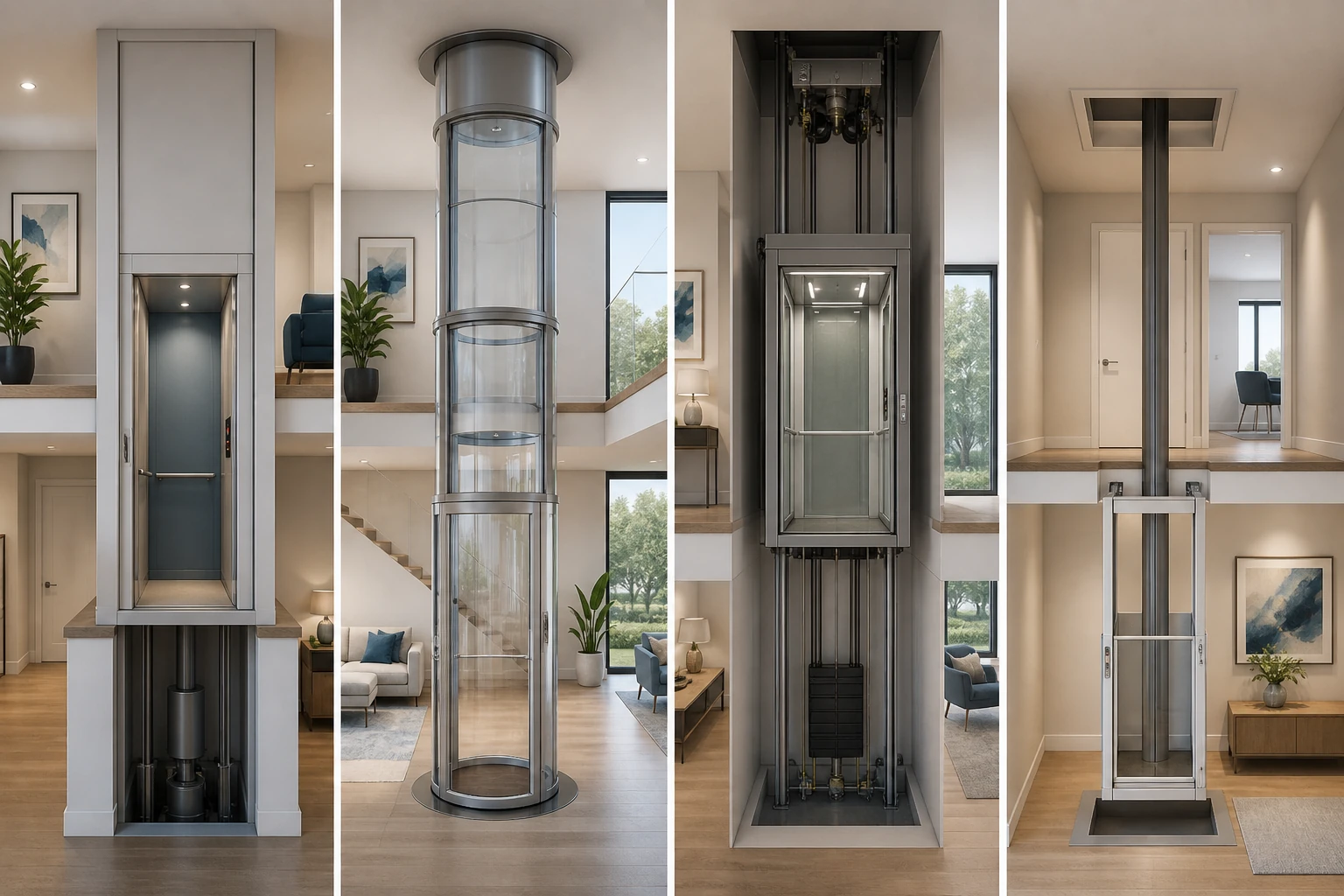 Different types of home lifts including hydraulic, traction, vacuum, and through-floor systems