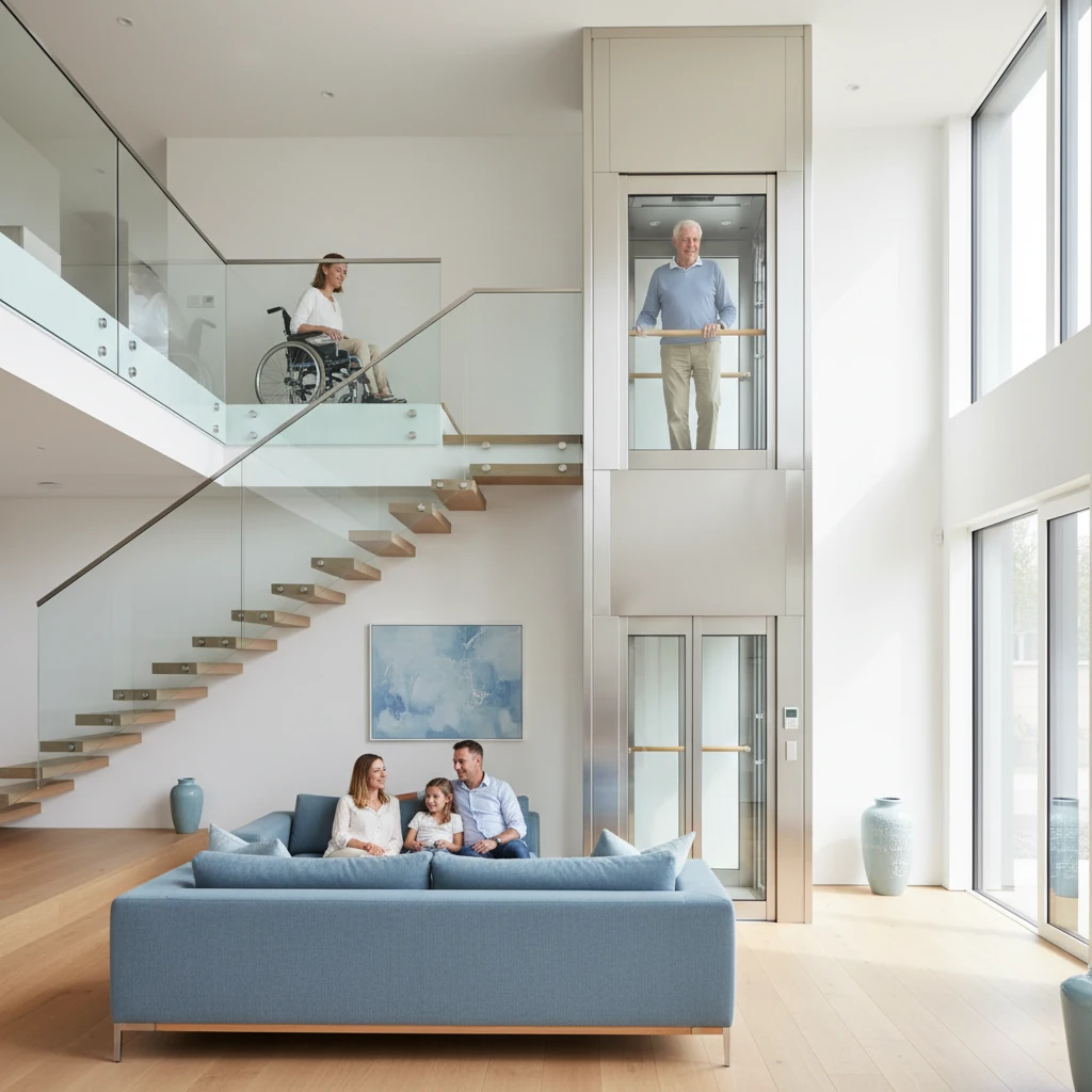 Different people using a home lift including seniors, wheelchair users, and families in a multi-level home