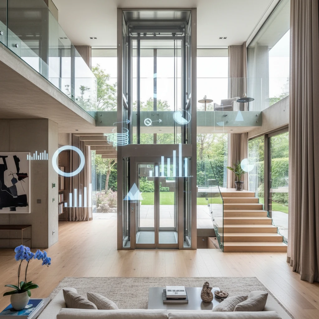 Modern residential home lift with cost breakdown visualization and pricing comparison elements