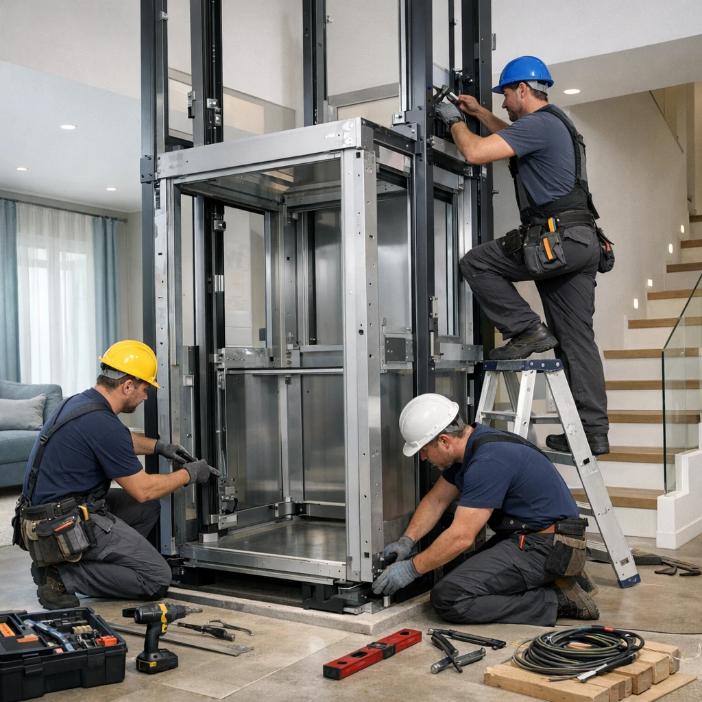 Technicians installing a home lift system inside a residential property with tools and lift components