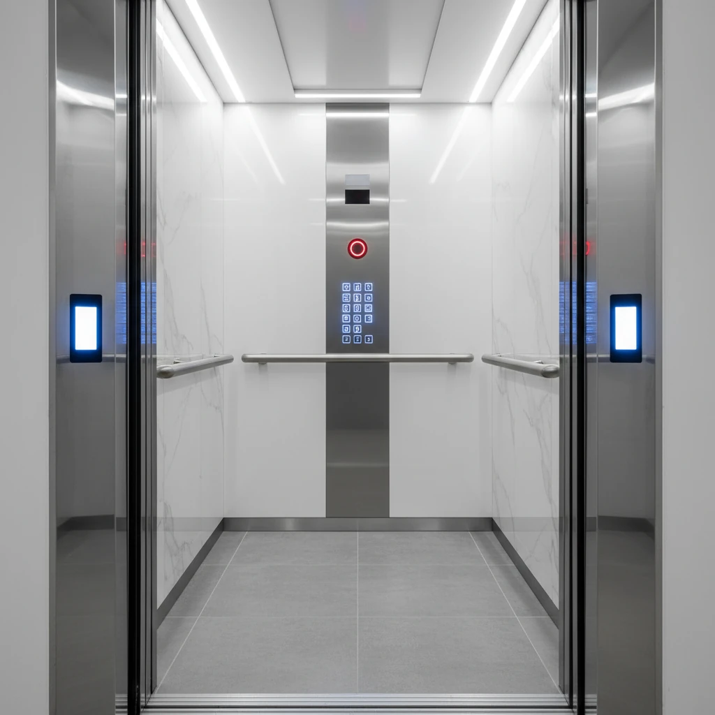 Modern home lift interior showing safety features like handrails, emergency button, and secure seating