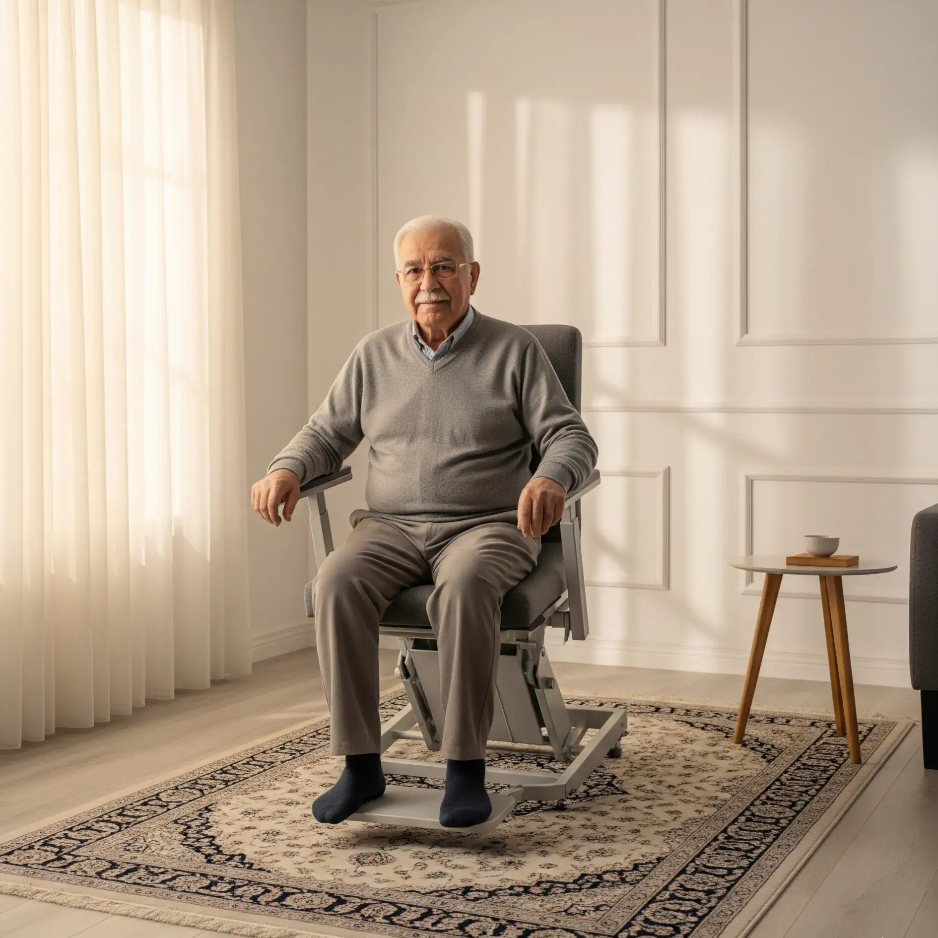 Elderly man with Parkinson’s disease using a lift chair in a safe Iranian home, with grab bars, ramp, and walker for independence and safety