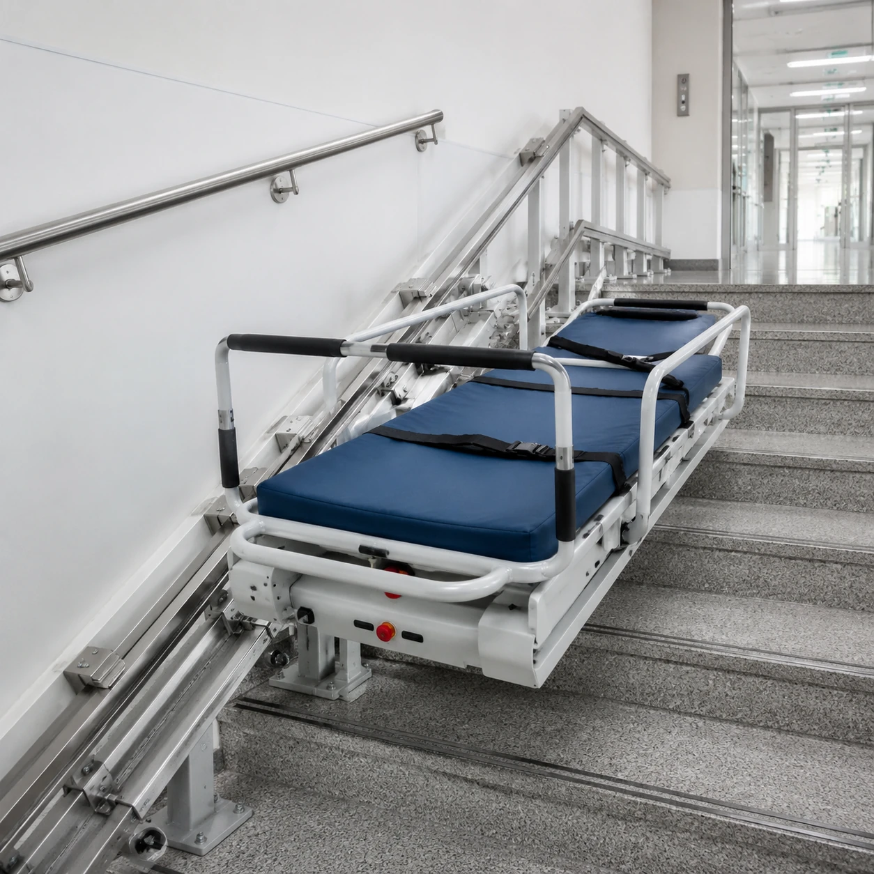 Hospital stretcher stair lift system for patient transportation