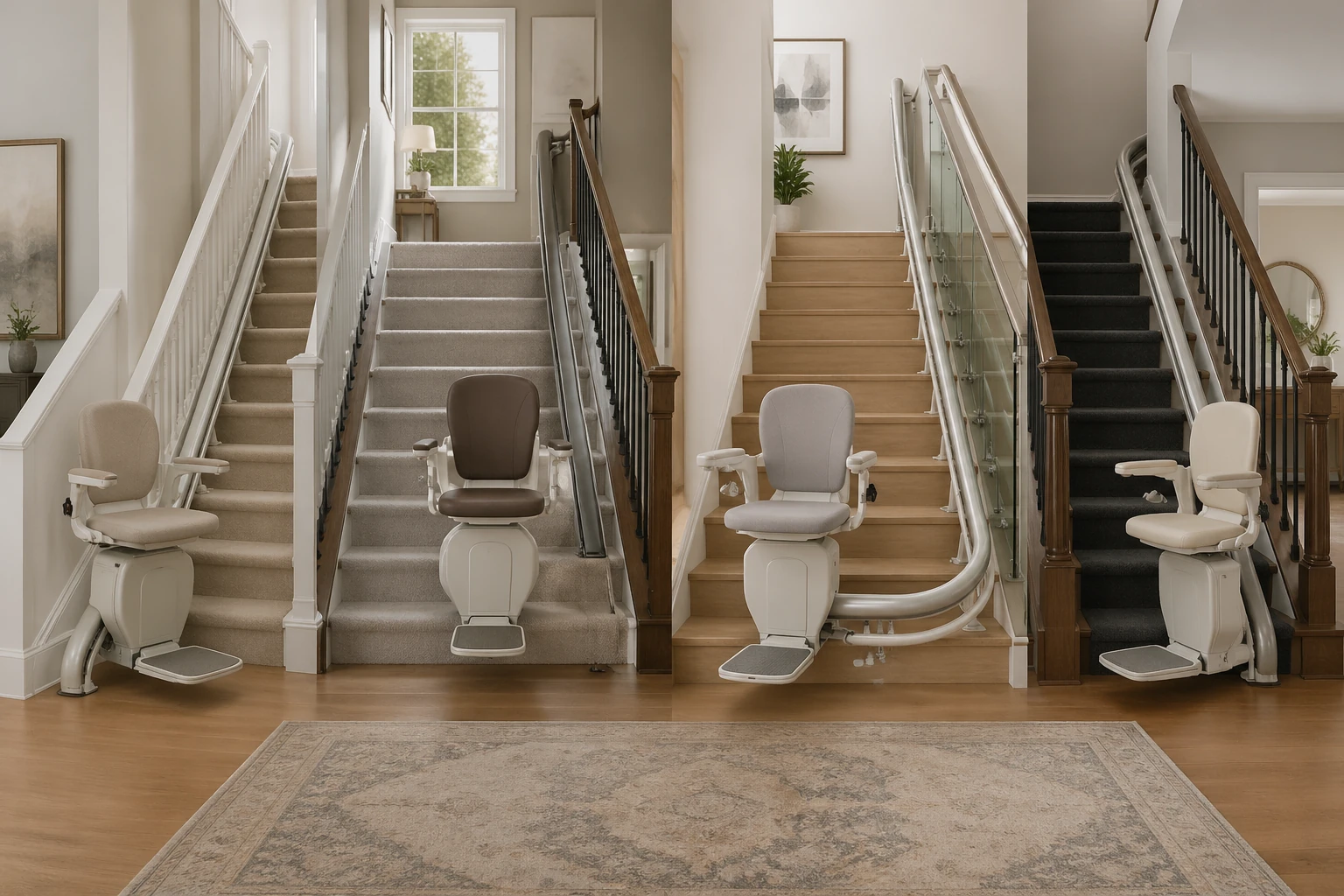 Modern stair lift installation in a residential home showing safe mobility for seniors on stairs