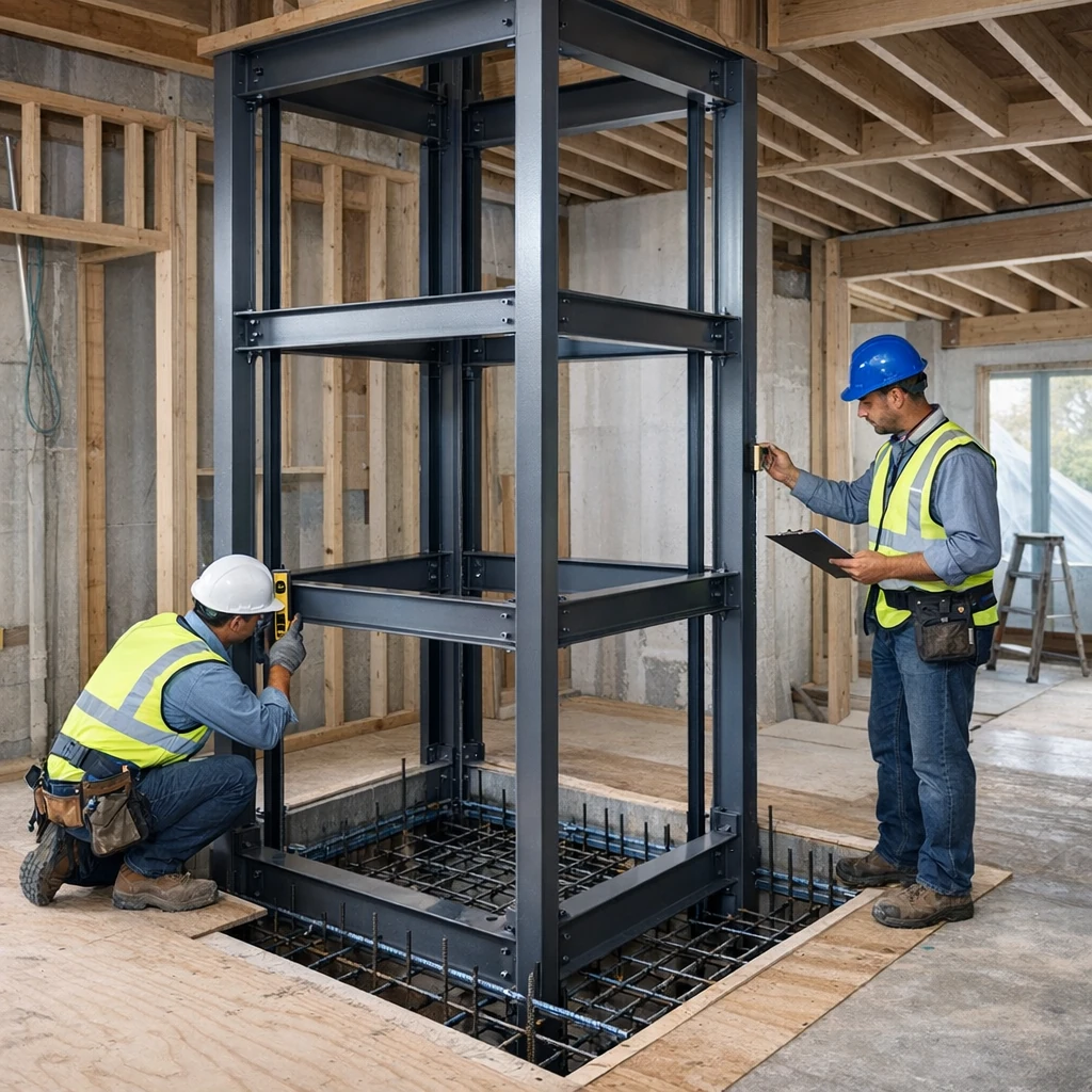 Timeline visualization of home lift installation stages from planning to final testing