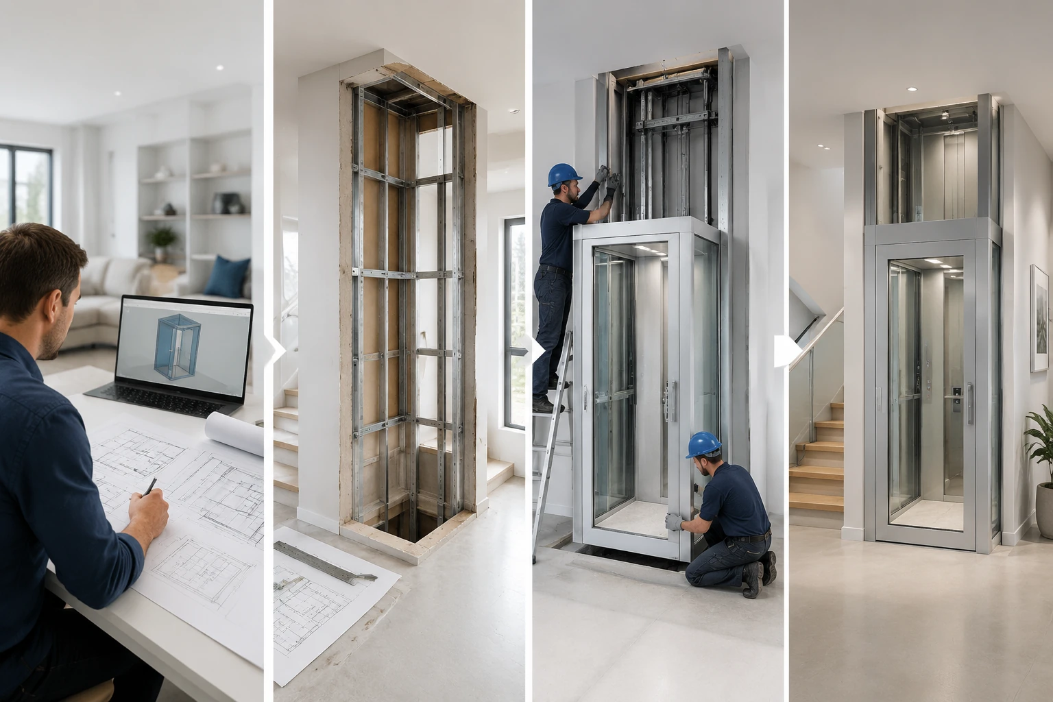 Timeline visualization of home lift installation stages from planning to final testing