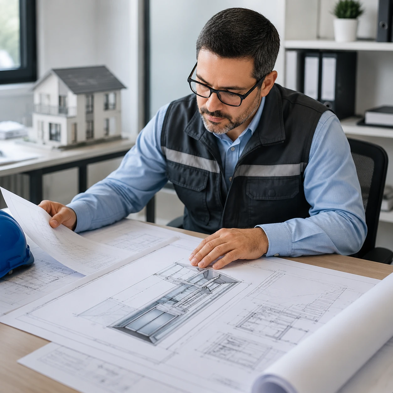Building permit documents and inspector reviewing home lift installation plans in a residential setting