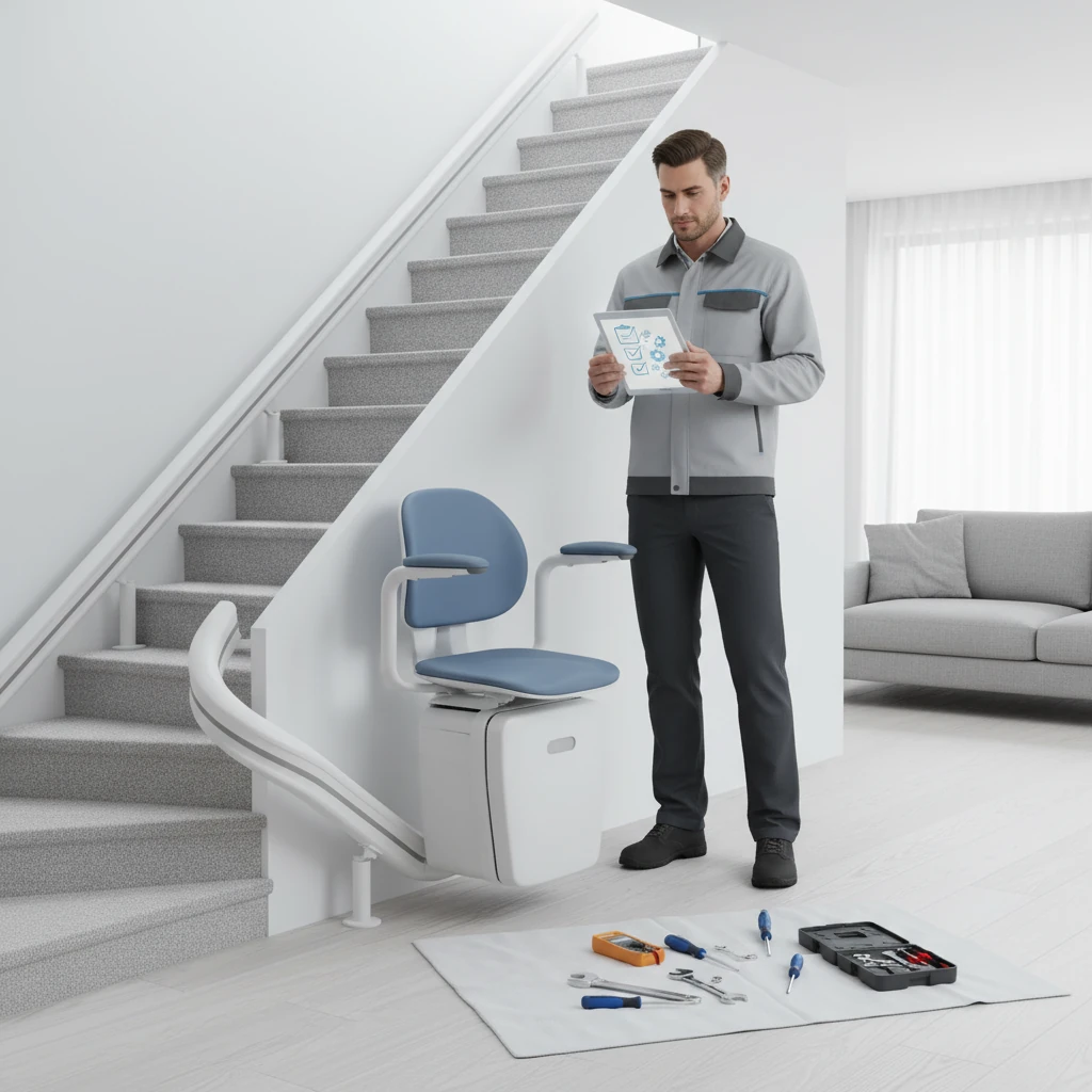 Stair lift maintenance checklist and cleaning process in a residential home