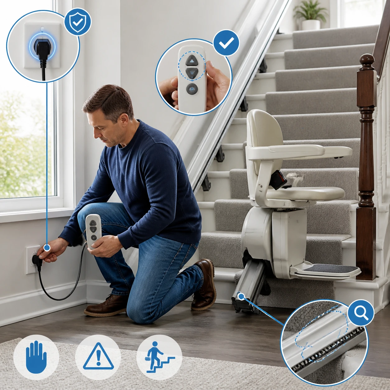 Stair lift maintenance checklist and cleaning process in a residential home