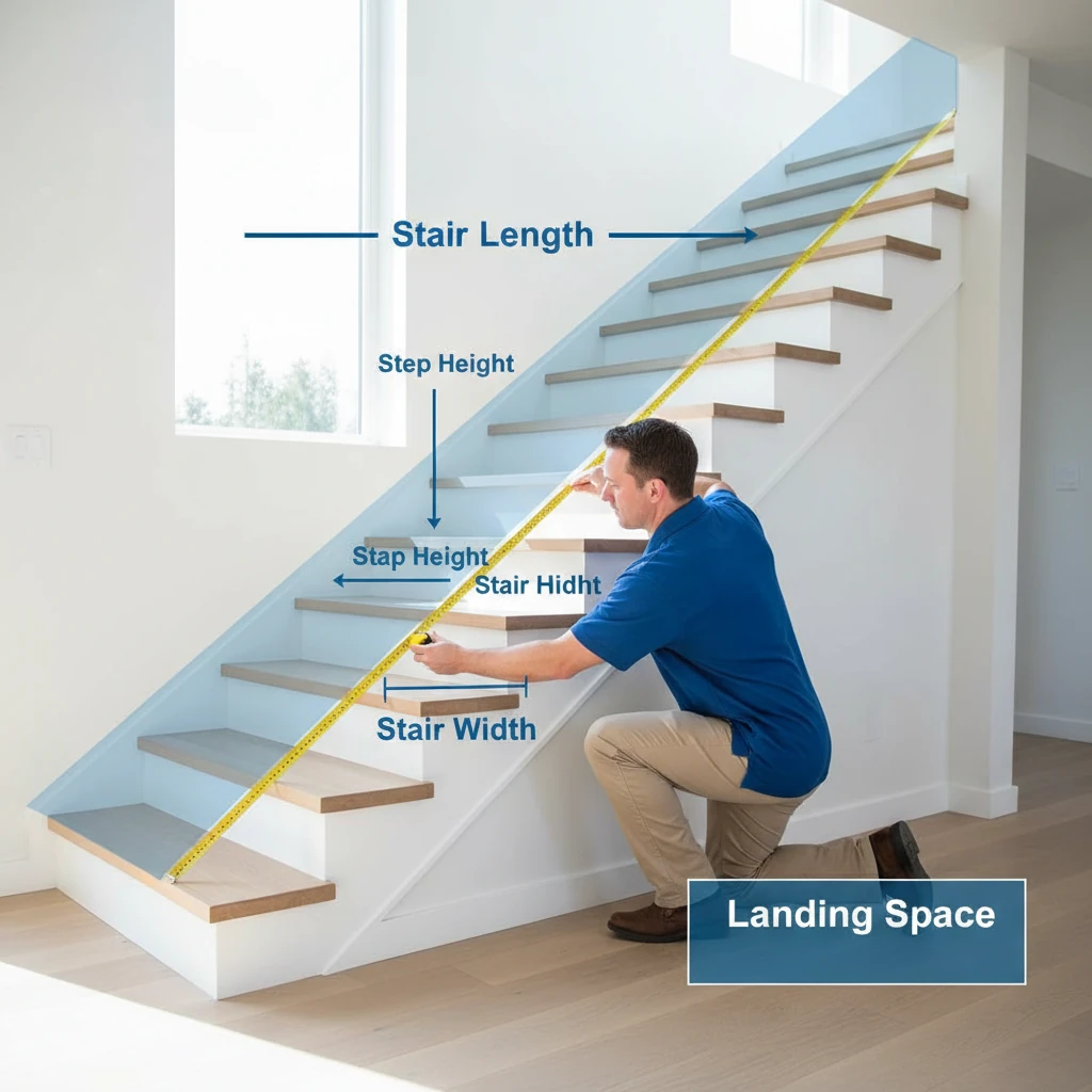 Professional technician repairing and inspecting stair lift system for safety and maintenance