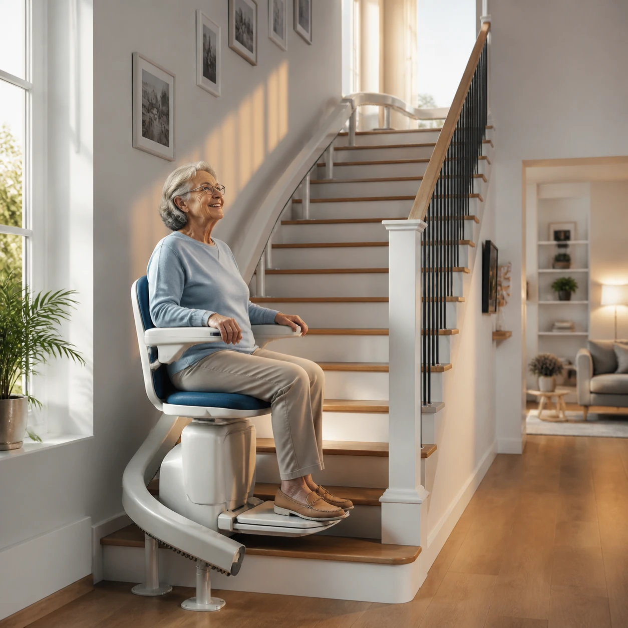 Safe daily use of stair lift showing proper seating, seatbelt use, and clear stairway