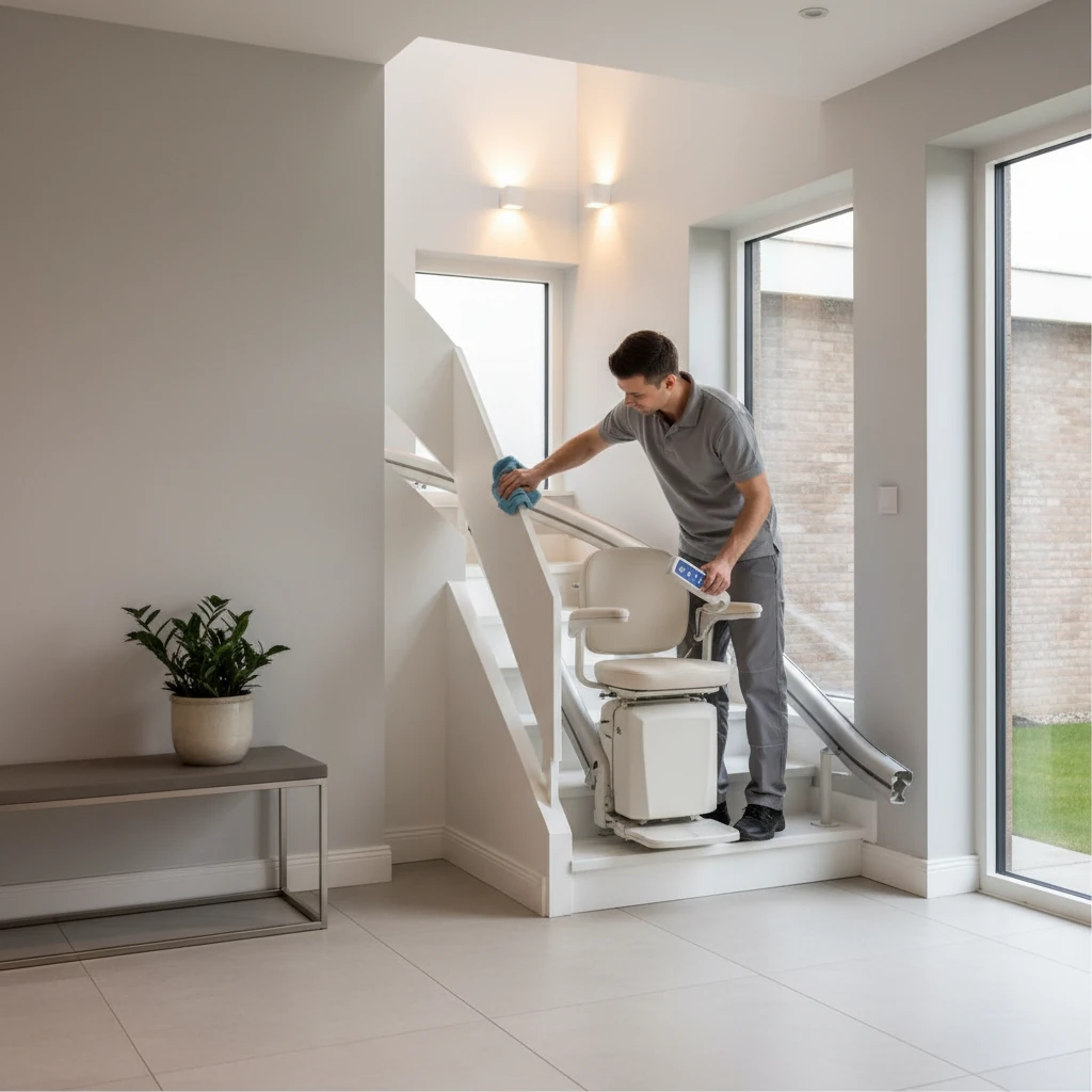 Stair lift maintenance checklist and cleaning process in a residential home