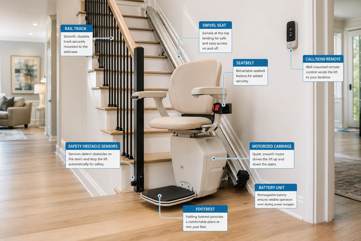 Modern stair lift installation in a residential home showing safe mobility for seniors on stairs