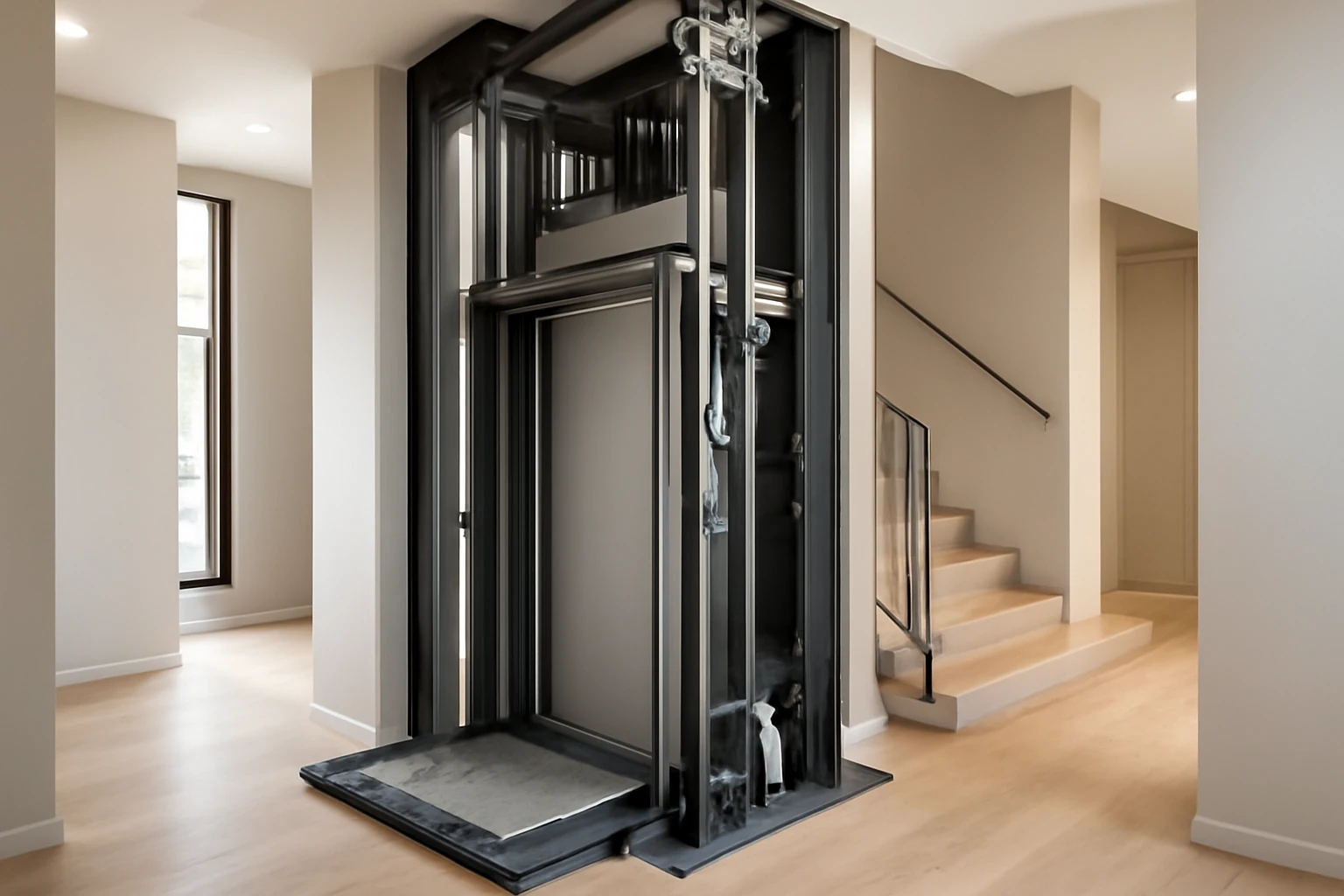 Compact pitless lift installed inside a modern residential building