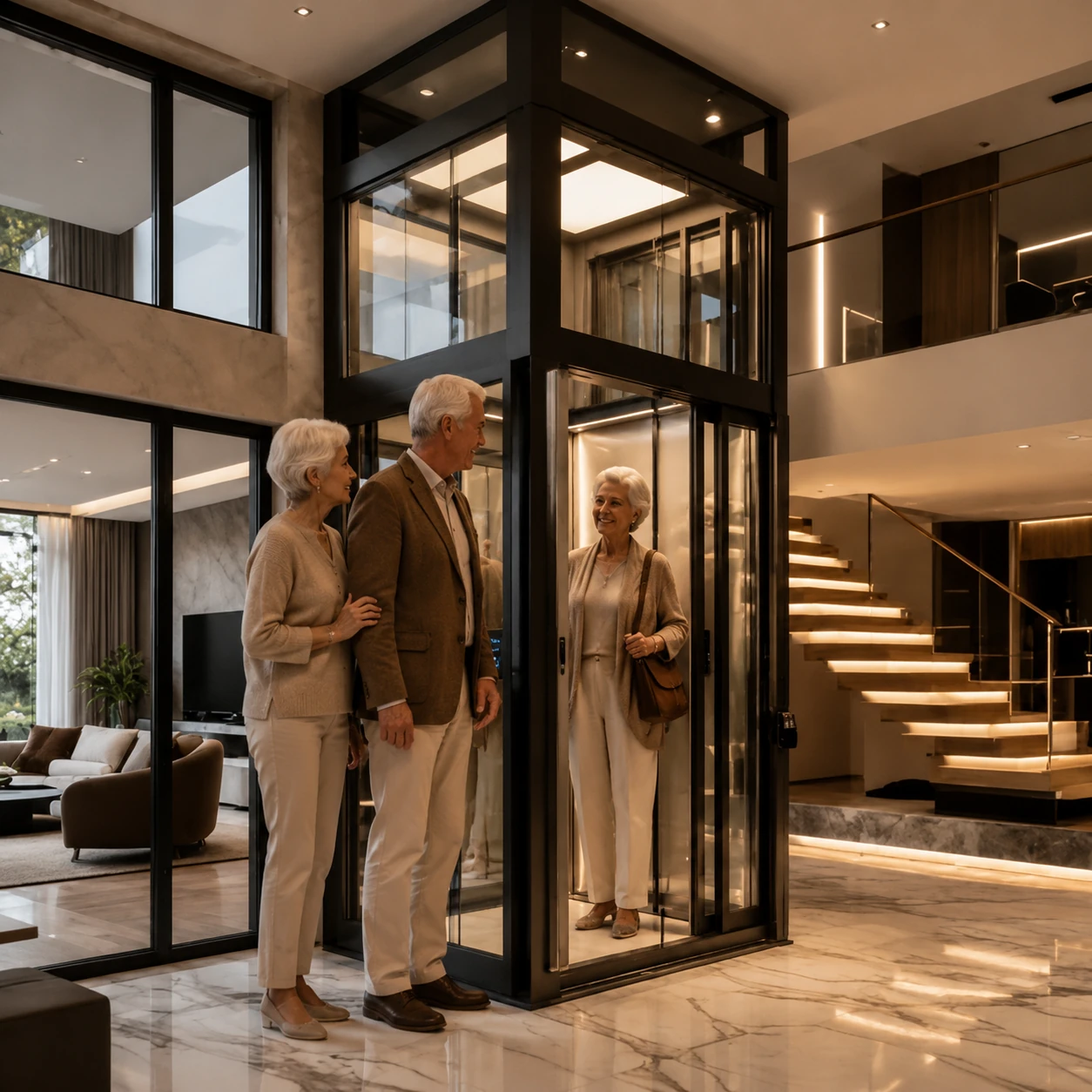 Luxury pitless home lift inside modern villa