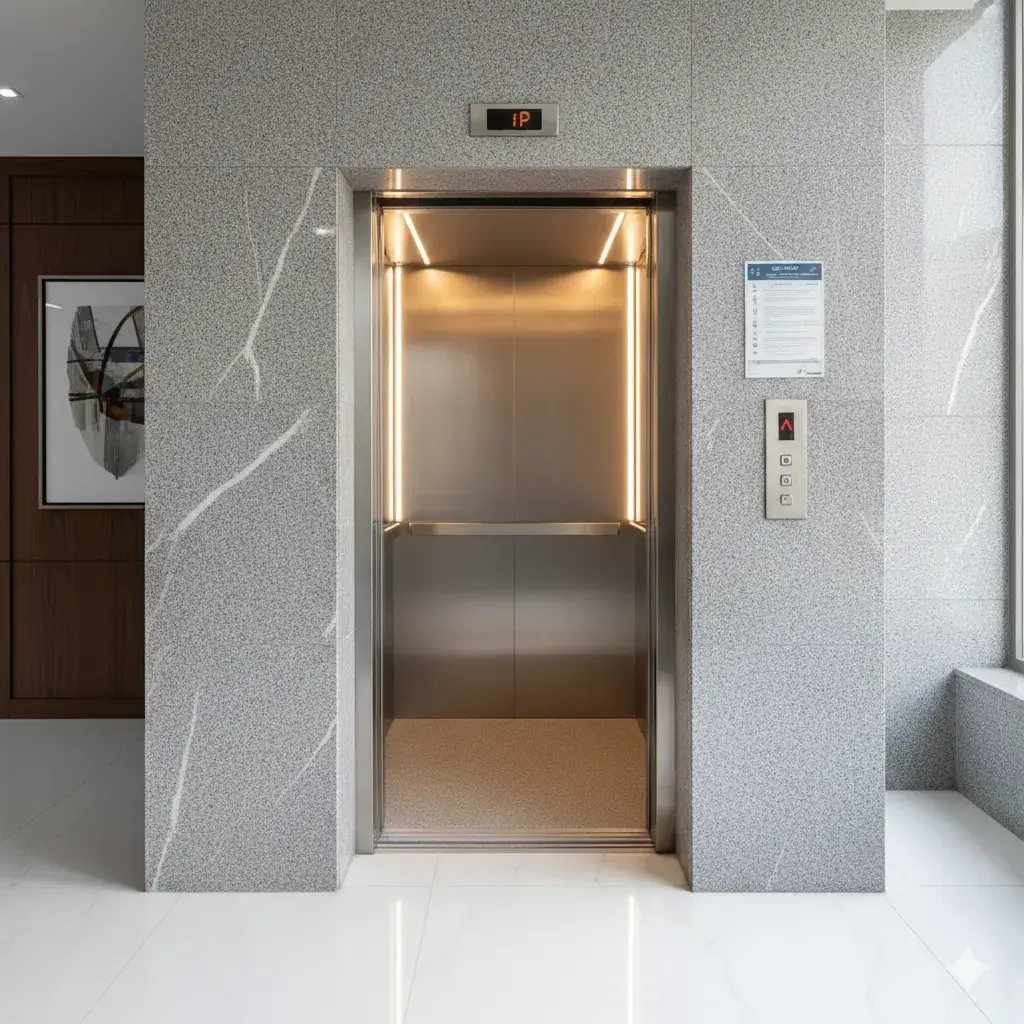 Modern residential elevator cabin with stainless steel center-opening doors, warm LED lighting, precise floor leveling, and subtle Persian interior details, symbolizing safety and comfort